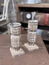 Image of Pair Of Rustic Wooden Candle Holders / Large Church Candle Candlesticks /F