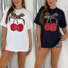 Image of Womens T Shirt Ladies Oversized Baggy Fit Short Sleeve Cherry T-shirt Tee Tops