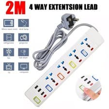 Image of Mains Extension Lead Individual Switch UK Plug Sockets 2m Cable 4 Gang Way 3 USB