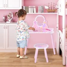 Image of Make Up Play Set Desk Chair Mirror Girls Pink Dressing Table w/ stool MDF Pink