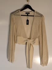 Image of NWT Express Wrap Womens Medium Gold Knit Crop Long Sleeve Front Tie