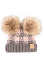 Image of C.C Baby Infant Buffalo Check Baby Beanie with Natural Faux Fur Pom Pom