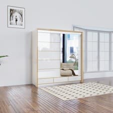 Image of Sliding Door Wardrobe with Mirror, LED Light & Drawers – Modern Bedroom Closet