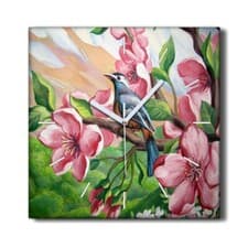 Image of Silent Wall Clock Canvas 30x30 Painting Abstract Branch Flowers Animal Bird