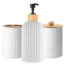 Image of 3pc Bathroom Accessories Set Soap Dispenser Toothbrush Holder Cotton Jar Black W