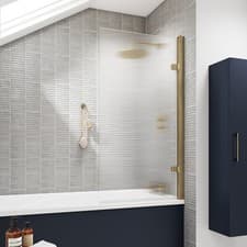 Image of Nuie Brushed Brass Square Hinged Fluted Bath Shower Screen 8mm Tempered Glass