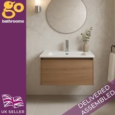 Image of Oak Wall Hung Vanity Unit Bathroom Drawer Cabinet & White Basin Sink 600mm
