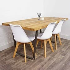 Image of Dining Table Solid Wood Kitchen Furniture Reverse Trapezium Steel Boxed Legs