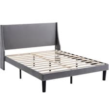 Image of Bed Frame 4ft6 Double Size Velvet Fabric Upholstered Bed Slatted Foundation Grey