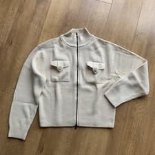 Image of M&S Women's Ribbed Cardigan Size M Cream Zip Up Funnel Neck Pockets NEW No Tags