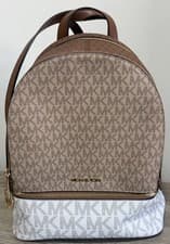 Image of MICHAEL KORS RHEA CAMEL MULTI MEDIUM ZIP BACKPACK SIGNATURE MONOGRAM GENUINE