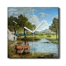 Image of Silent Wall Clock Canvas 30x30 Painting Countryside Tree Mountain Landscape