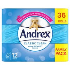 Image of Andrex Classic Clean Mega Toilet Rolls Unique 3D Wave Texture 36 Rolls White