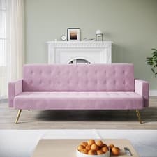 Image of Sofa Bed 3 Seater Pink Luxury Velvet Nonwovens New Foam Contrast Gold Metal Legs