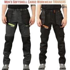 Image of Men’s Softshell Waterproof Work Trousers Cargo Holster Pockets Slim Fit Knee Pad