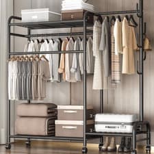 Image of Heavy Duty Double Clothes Rail Hanging Rack Garment Display Shoe Storage Shelf