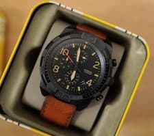 Image of New Fossil Black With Brown Leather Strap Mens Watch FS5714 RRP €219