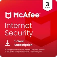 Image of McAfee Internet Security Antivirus 2026 3 Devices 1 Year Auto-Renewal - Digital