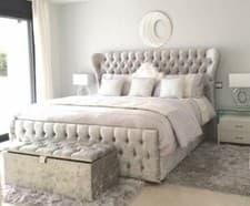 Image of Chesterfield Upholstered Wingback Fabric Bed Frame Crush Velvet Naples 4'6 King