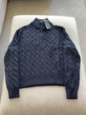 Image of Polo Ralph Lauren Cable-Knit Cotton Half-Zip Jumper S Small navy women’s  