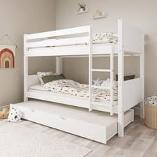 Image of Single Bunk Bed Detachable White Wooden with Trundle Bed and Ladder