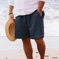 Image of Mens Cotton Linen Shorts Summer Beach Hawaiian Drawstring Waist Short Pants
