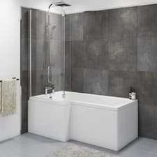 Image of L-Shaped Shower Bath Left Hand 1700 x 850mm White Acrylic Modern Bathroom Tub