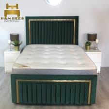 Image of Golden Strip Ottoman Divan Panel Bed Plush Velvet Upholstered Gas Lift Storage