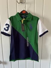 Image of Polo Ralph Lauren Kids Polo Shirt. Navy Blue & Green Stripe. Size 8 (7yrs)