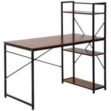 Image of Computer Desk Laptop Table with 4-tier Bookshelf Metal Frame Walnut, Black