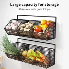 Image of Wall Mounted Kitchen Storage Basket Metal Wire Spices Garlic Onions Vegetables