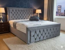 Image of Crystal Button Upholstered Bed Frame – Luxury Crushed Velvet Bedroom Style