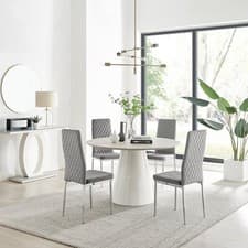 Image of Palma Beige Stone Effect Round Dining Table & 4 Velvet Milan Silver Leg Chairs