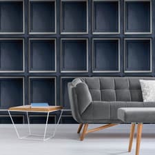 Image of Navy Gilded Panel Wallpaper Blue Silver Distressed 3D Effect Textured Feature