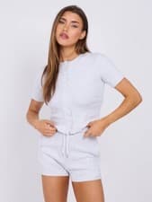 Image of Ladies Womens Ribbed Button-Front Crop Top With Drawstring Shorts Set