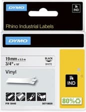 Image of Dymo 18445 Rhino Industrial Labels 19mm x 5.5m Black on White Vinyl Tatty Box