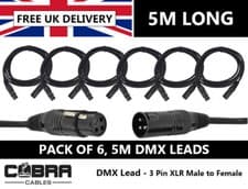 Image of 6 x DMX Leads 5m - 3 Pin XLR Male to Female- High Quality Connectors & Cable