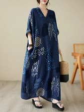 Image of Navy Blue Boho Oversized Maxi Kaftan Dress – Abstract Print Loose Fit Lounge