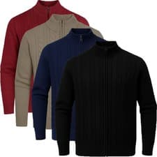 Image of Mens Full Zip Cable Knit Cardigan Textured High Neck Jumper Smart Warm Sweater