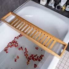 Image of BAMBOO WOODEN OVER BATH TUB RACK BRIDGE SHELF TRAY STORAGE CADDY NATURAL