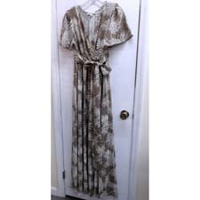 Image of One The Land Tan White Tropical Palm Leaf Wrap Maxi Dress S /#26319