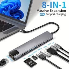 Image of 8 in 1 Multiport USB-C Data Hub Type C To USB 3.0 RJ45 Ethernet Gigabit Adapter