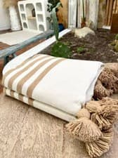 Image of Mustard wool Throw Blanket, Handmade Boho Throw Bed Blanket, Decorative Pom Pom