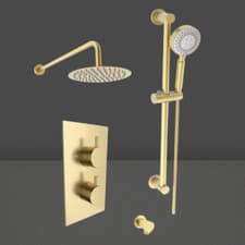 Image of Round Brushed Brass Concealed Twin Thermostatic Shower Valve with Diverter 2 Out
