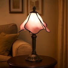 Image of Tiffany Table Lamp, Stained Glass, Floral Shade, Rose Pink, Vintage/Retro Style