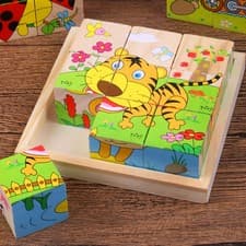 Image of Montessori Wooden Blocks Baby 6-Sided Cube Puzzle Animal Fruit Educational Toy
