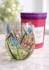 Image of Lolita Dragonfly Stemless Wine Glass Hand Painted Jeweled Floral Art with Box