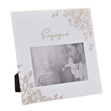 Image of Engagement Photo Frame Pale Grey Glass Gold 'Engaged' Floral Gift 6 x 4"