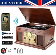 Image of Vinyl Record Player with Speakers 3 Speed Turntables Radio CD SD Card Cassette