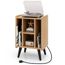 Image of Record Player Stand with Charging Station Turntable Stand End Sofa Side Table